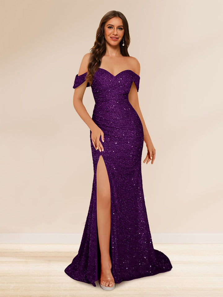 Trumpet/Mermaid Off-the-Shoulder Long Evening Dresses with Sequins &amp; Split Side