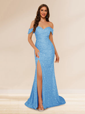 Trumpet/Mermaid Off-the-Shoulder Long Evening Dresses with Sequins & Split Side