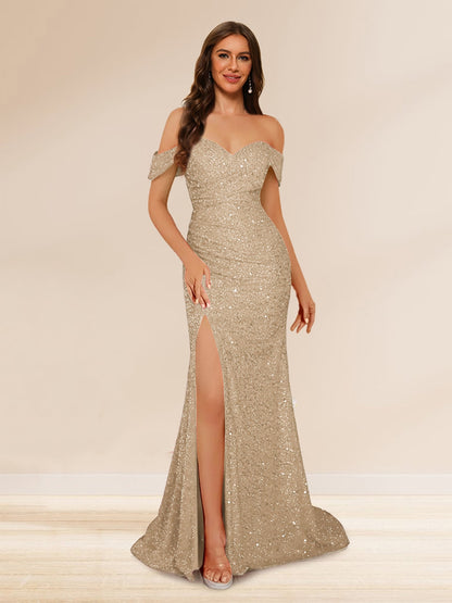 Trumpet/Mermaid Off-the-Shoulder Long Evening Dresses with Sequins & Split Side