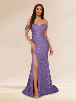 Trumpet/Mermaid Off-the-Shoulder Long Evening Dresses with Sequins & Split Side