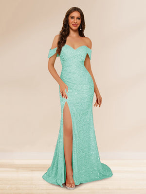 Trumpet/Mermaid Off-the-Shoulder Long Evening Dresses with Sequins & Split Side
