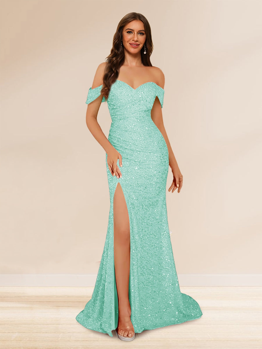 Trumpet/Mermaid Off-the-Shoulder Long Evening Dresses with Sequins & Split Side