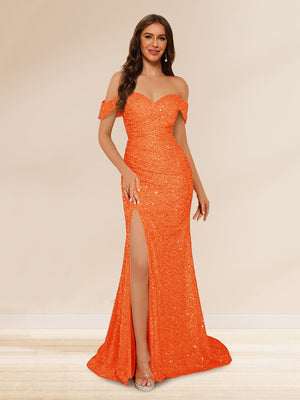 Trumpet/Mermaid Off-the-Shoulder Long Evening Dresses with Sequins & Split Side