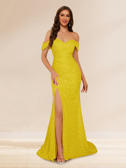 Trumpet/Mermaid Off-the-Shoulder Long Evening Dresses with Sequins & Split Side