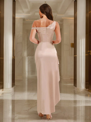 Sheath/Column One-Shoulder Sleeveless Ankle-Length Evening Dresses with High Split & Ruffles