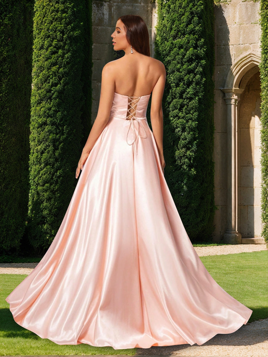 A-Line/Princess Strapless Sleeveless Floor-Length Evening Dresses with Split Side &amp; Rhinestone