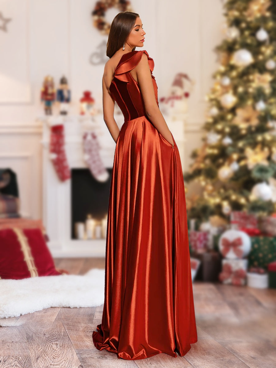 Lavetir Rust A-Line/Princess One-Shoulder Sleeveless Floor-Length Ruched Christmas Dresses with Side Slit 2026