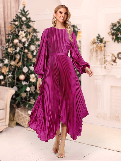 A-Line/Princess Scoop Neck Ankle-Length Christmas Dresses With Pleats & Belt