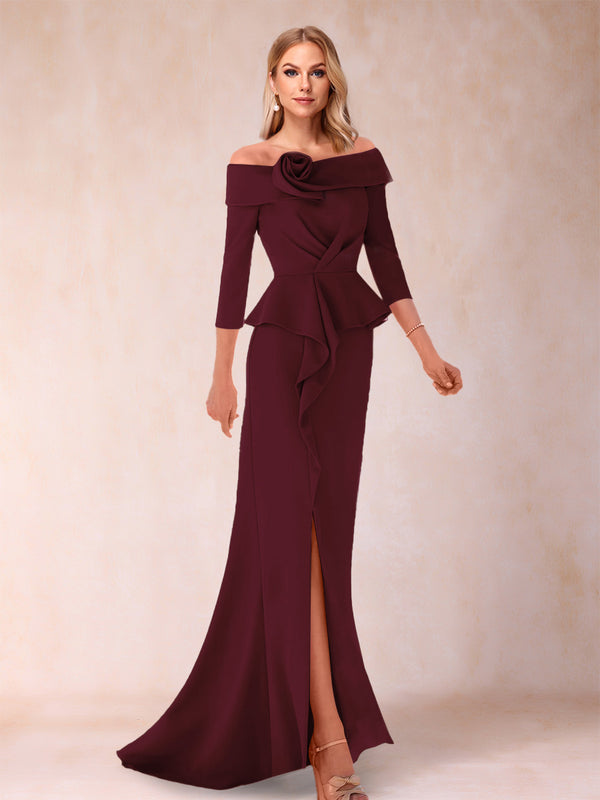Sheath/Column Off-the-Shoulder Floor-Length Mother of the Bride Dresses With Ruffles &  Split Side