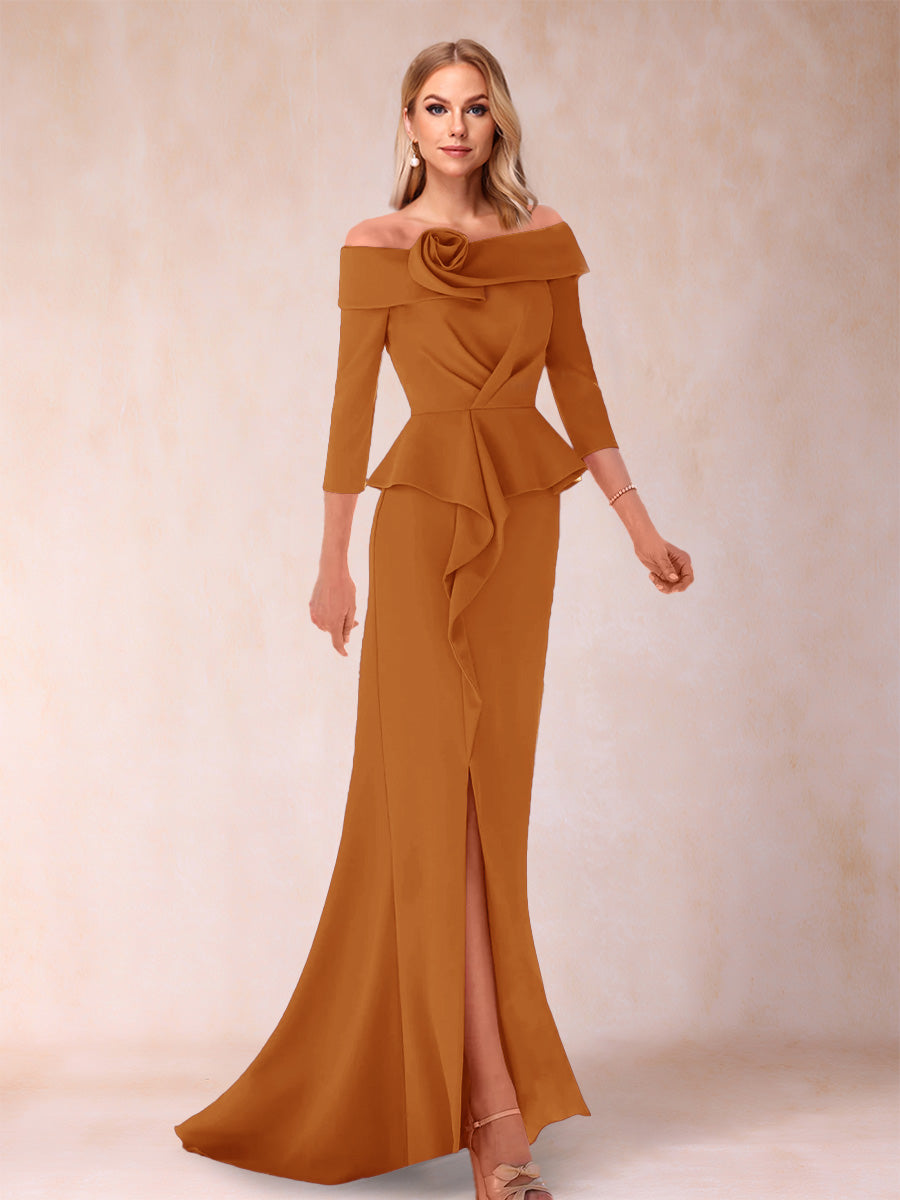 Sheath/Column Off-the-Shoulder Floor-Length Mother of the Bride Dresses With Ruffles &amp;  Split Side