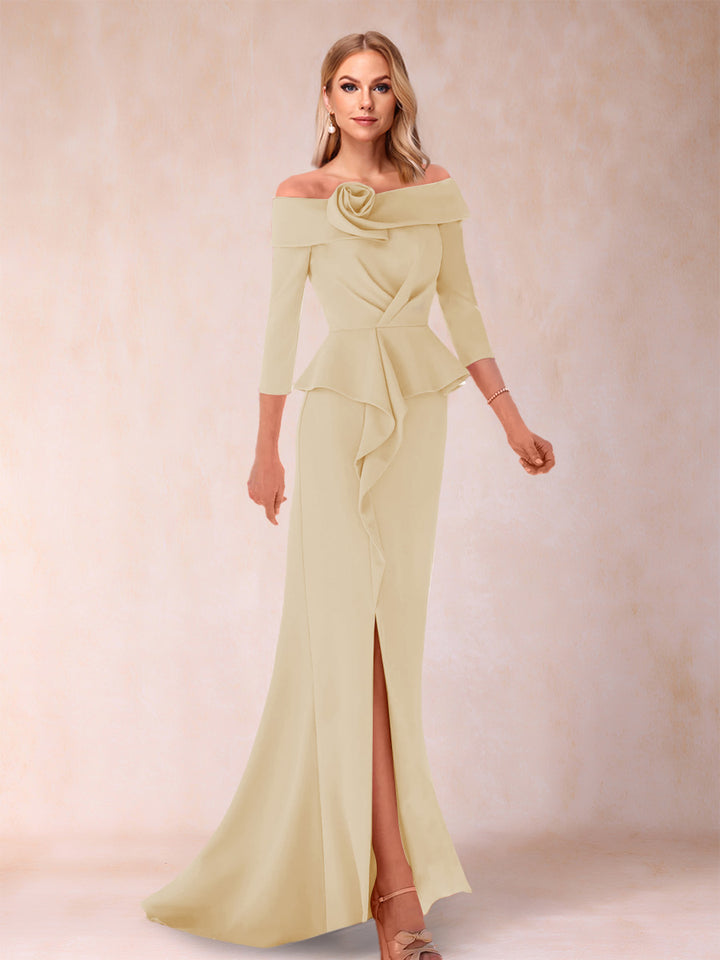 Sheath/Column Off-the-Shoulder Floor-Length Mother of the Bride Dresses With Ruffles &amp;  Split Side