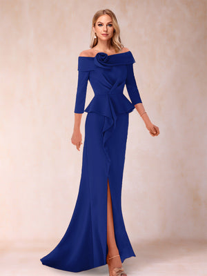 Sheath/Column Off-the-Shoulder Floor-Length Mother of the Bride Dresses With Ruffles &  Split Side