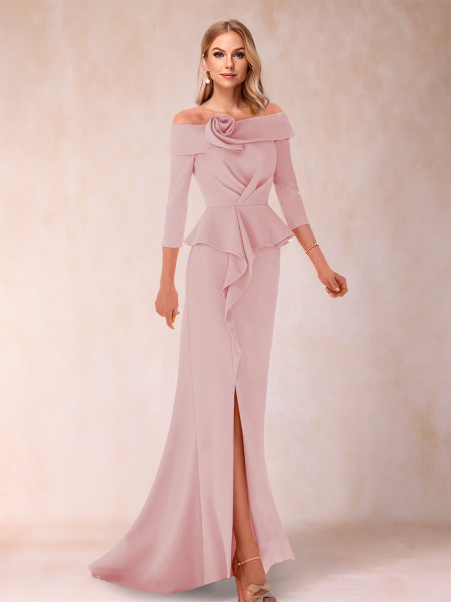 Sheath/Column Off-the-Shoulder Floor-Length Mother of the Bride Dresses With Ruffles &amp;  Split Side