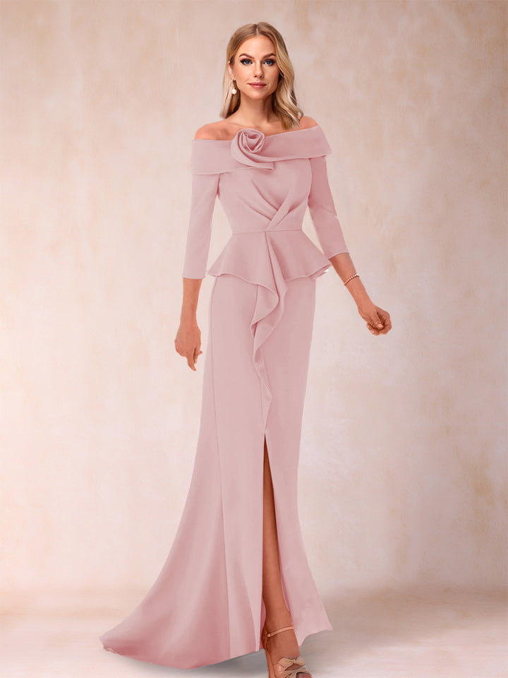 Sheath/Column Off-the-Shoulder Floor-Length Mother of the Bride Dresses With Ruffles &amp;  Split Side