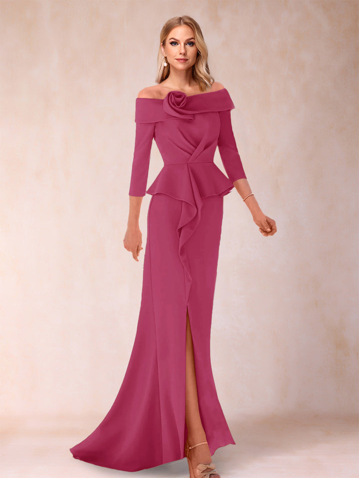 Sheath/Column Off-the-Shoulder Floor-Length Mother of the Bride Dresses With Ruffles &amp;  Split Side