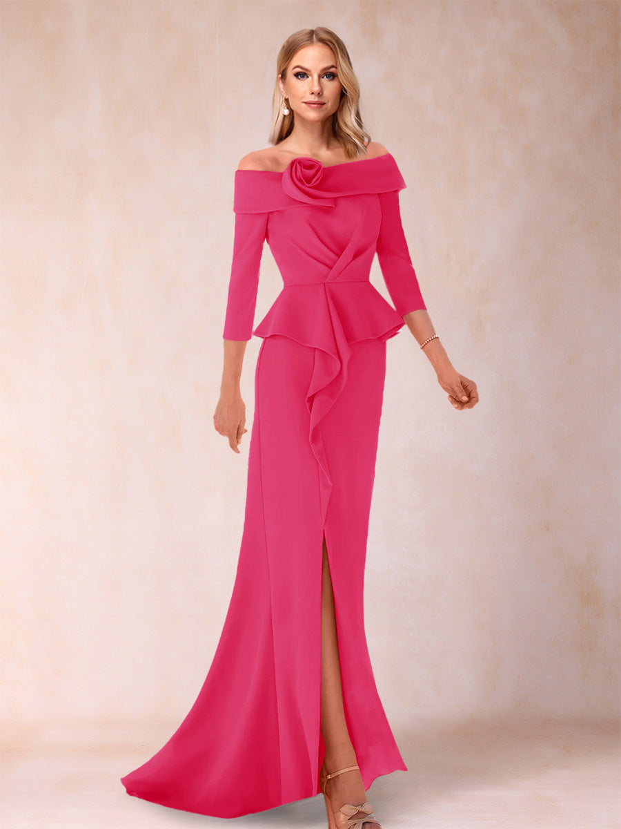 Sheath/Column Off-the-Shoulder Floor-Length Mother of the Bride Dresses With Ruffles &amp;  Split Side