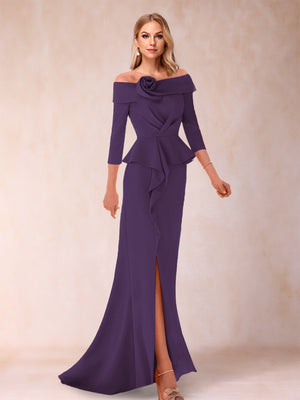 Sheath/Column Off-the-Shoulder Floor-Length Mother of the Bride Dresses With Ruffles &  Split Side