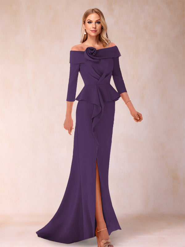 Sheath/Column Off-the-Shoulder Floor-Length Mother of the Bride Dresses With Ruffles &  Split Side