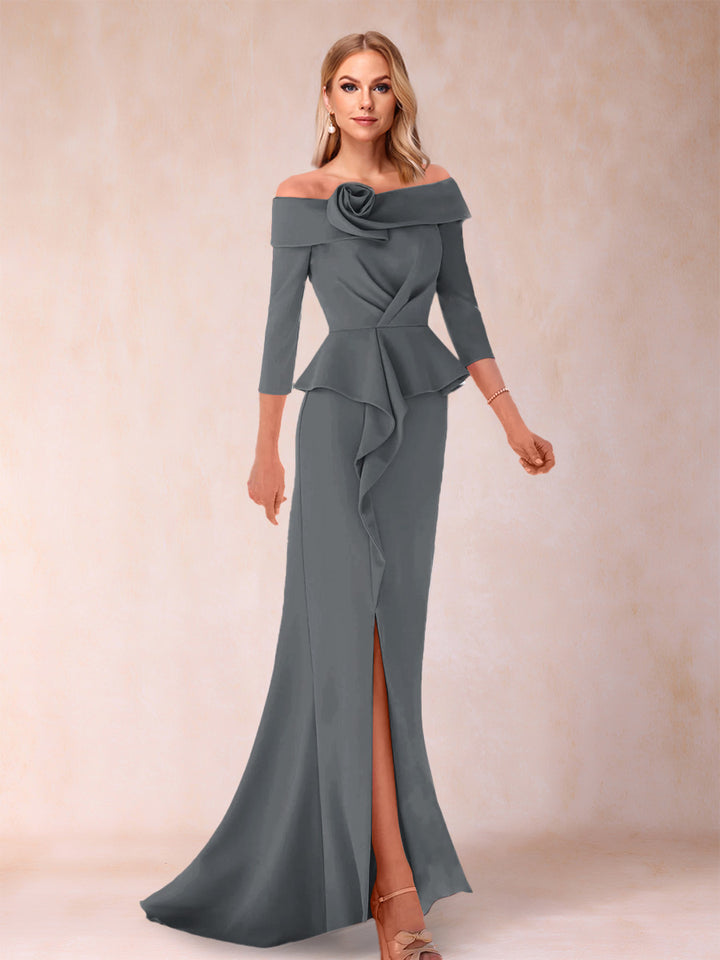 Sheath/Column Off-the-Shoulder Floor-Length Mother of the Bride Dresses With Ruffles &amp;  Split Side