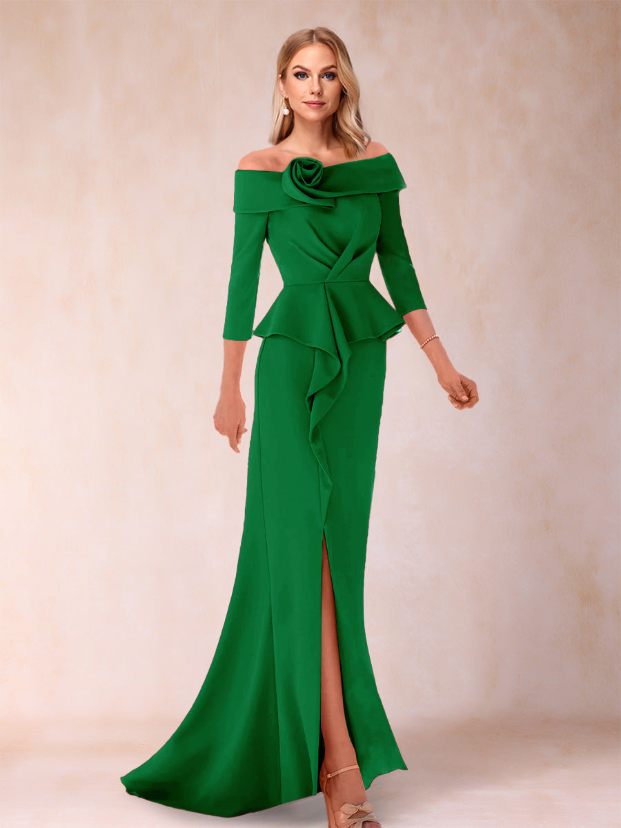 Sheath/Column Off-the-Shoulder Floor-Length Mother of the Bride Dresses With Ruffles &amp;  Split Side