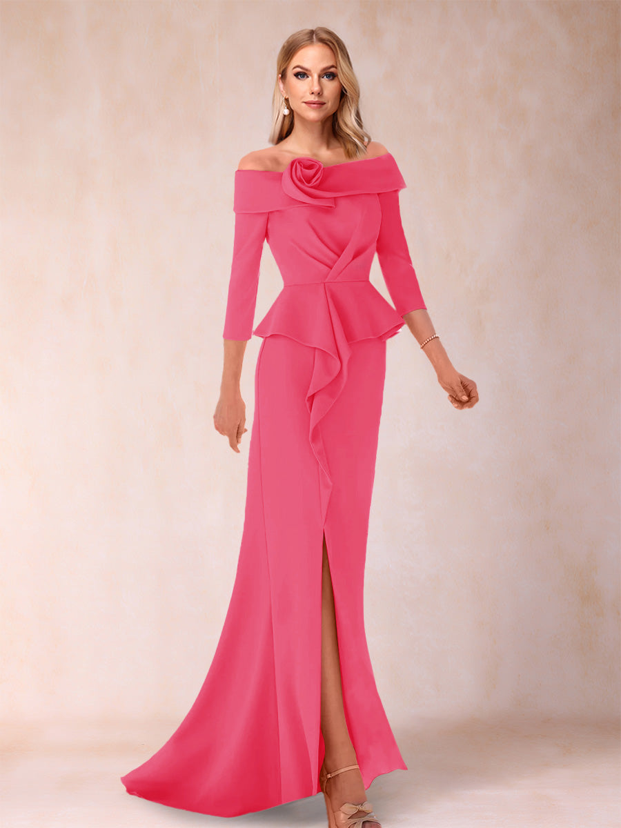 Sheath/Column Off-the-Shoulder Floor-Length Mother of the Bride Dresses With Ruffles &amp;  Split Side