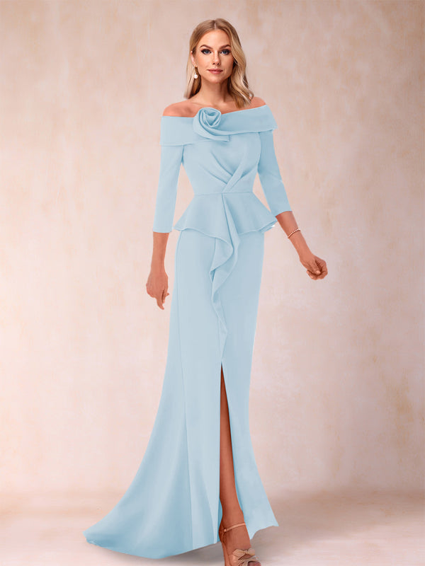 Sheath/Column Off-the-Shoulder Floor-Length Mother of the Bride Dresses With Ruffles &  Split Side