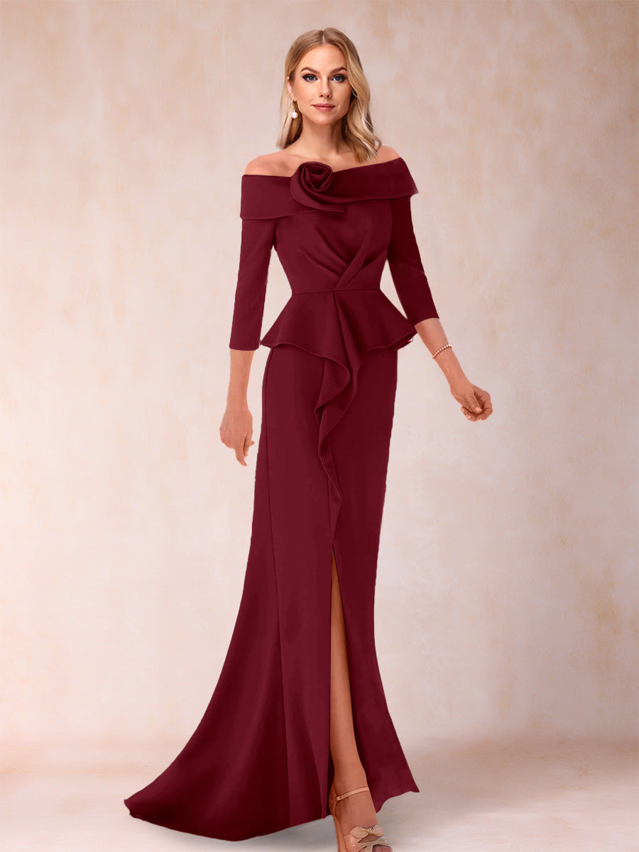 Sheath/Column Off-the-Shoulder Floor-Length Mother of the Bride Dresses With Ruffles &amp;  Split Side