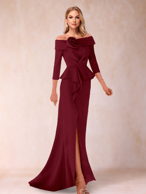 Sheath/Column Off-the-Shoulder Floor-Length Mother of the Bride Dresses With Ruffles &  Split Side