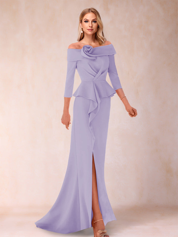 Sheath/Column Off-the-Shoulder Floor-Length Mother of the Bride Dresses With Ruffles &amp;  Split Side