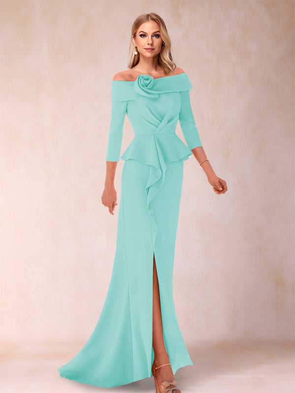 Sheath/Column Off-the-Shoulder Floor-Length Mother of the Bride Dresses With Ruffles &  Split Side