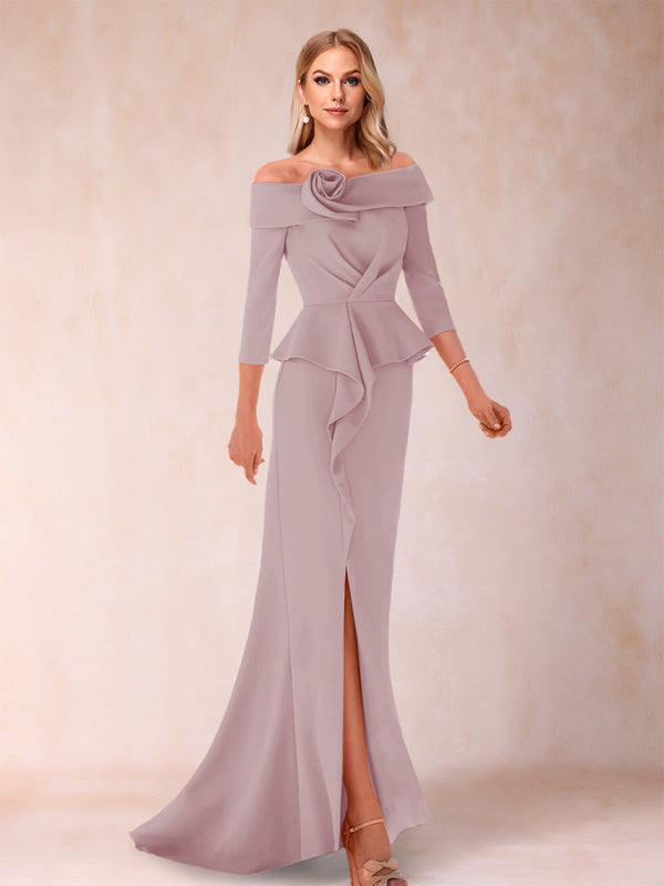 Sheath/Column Off-the-Shoulder Floor-Length Mother of the Bride Dresses With Ruffles &  Split Side