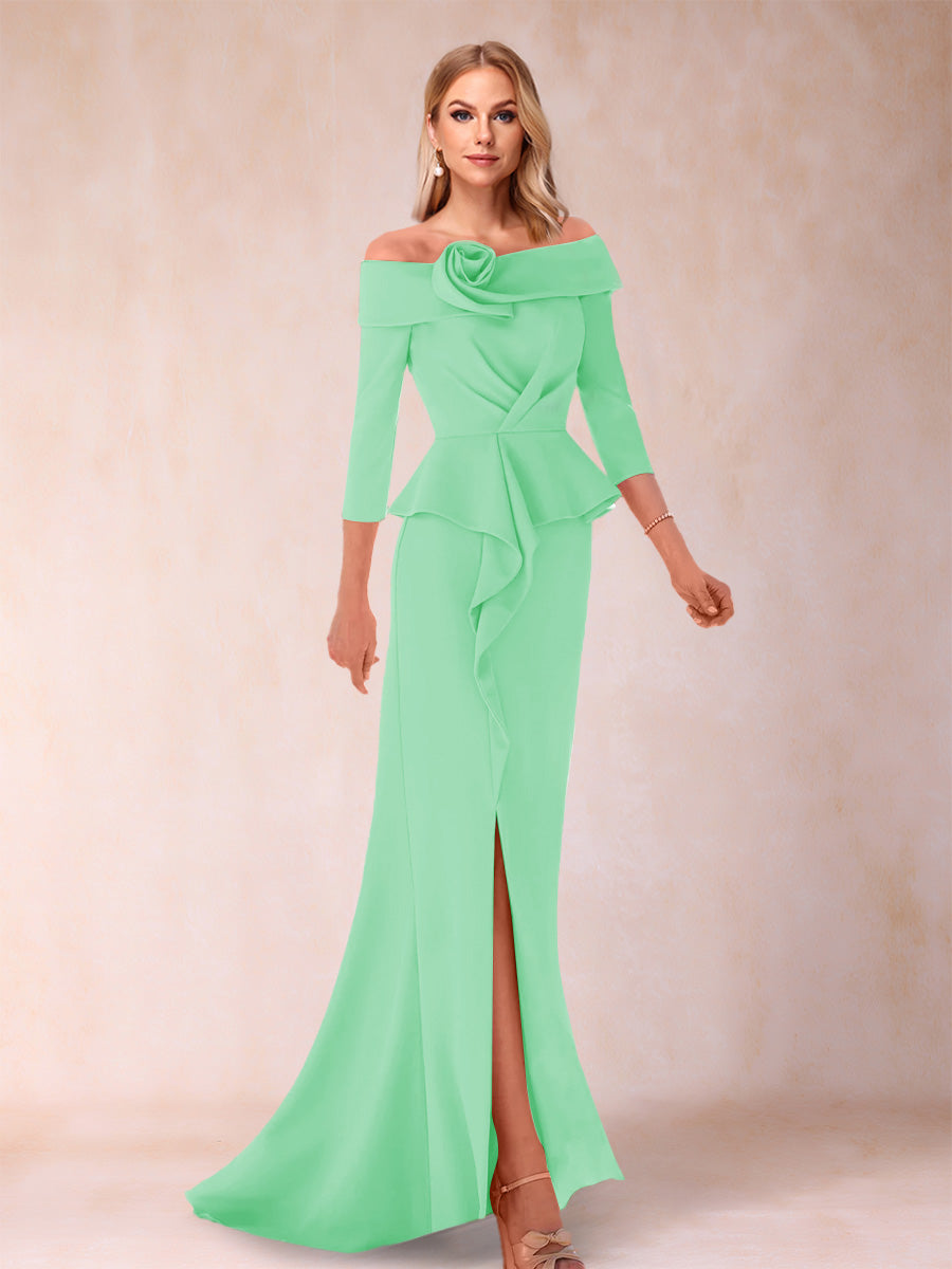 Sheath/Column Off-the-Shoulder Floor-Length Mother of the Bride Dresses With Ruffles &amp;  Split Side