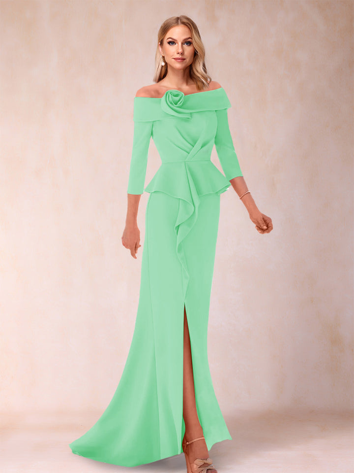 Sheath/Column Off-the-Shoulder Floor-Length Mother of the Bride Dresses With Ruffles &amp;  Split Side