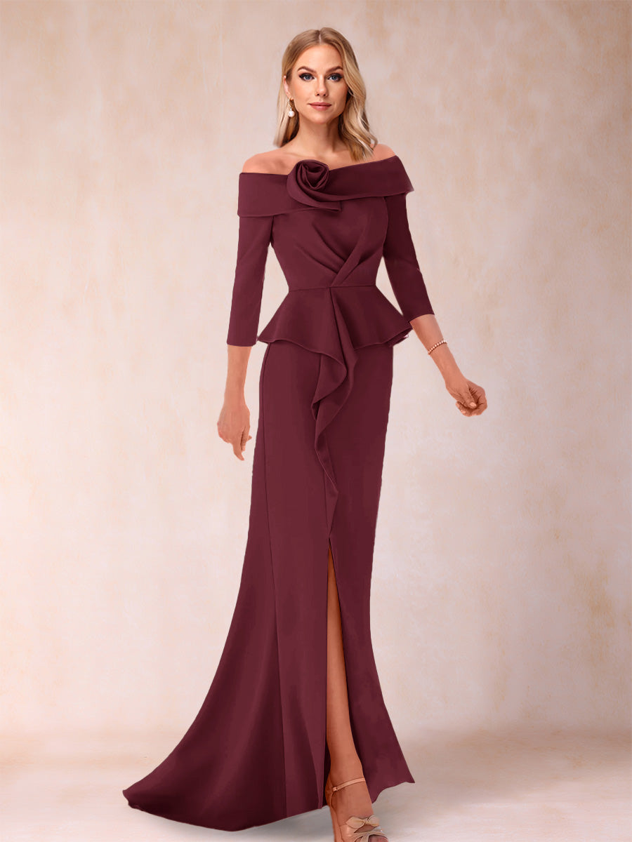 Sheath/Column Off-the-Shoulder Floor-Length Mother of the Bride Dresses With Ruffles &amp;  Split Side