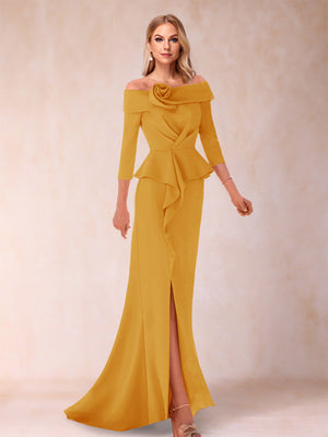 Sheath/Column Off-the-Shoulder Floor-Length Mother of the Bride Dresses With Ruffles &  Split Side