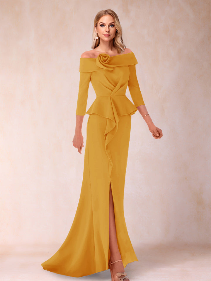 Sheath/Column Off-the-Shoulder Floor-Length Mother of the Bride Dresses With Ruffles &amp;  Split Side