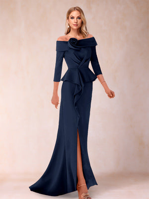 Sheath/Column Off-the-Shoulder Floor-Length Mother of the Bride Dresses With Ruffles &  Split Side