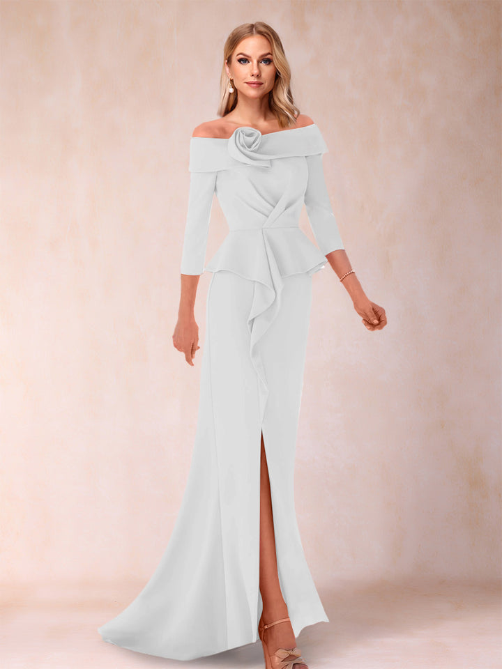 Sheath/Column Off-the-Shoulder Floor-Length Mother of the Bride Dresses With Ruffles &amp;  Split Side