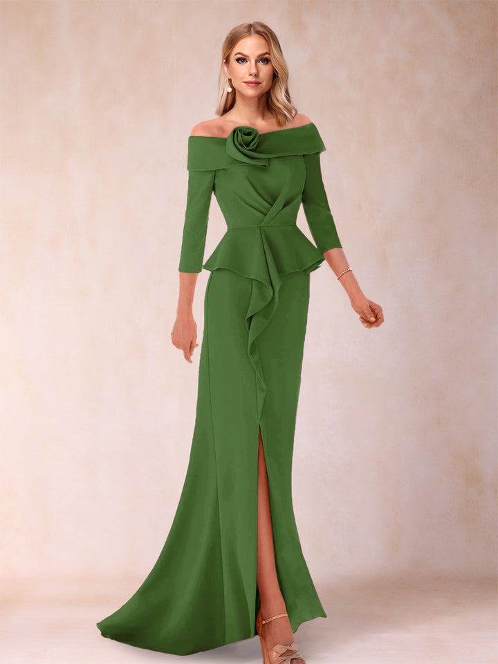 Sheath/Column Off-the-Shoulder Floor-Length Mother of the Bride Dresses With Ruffles &amp;  Split Side