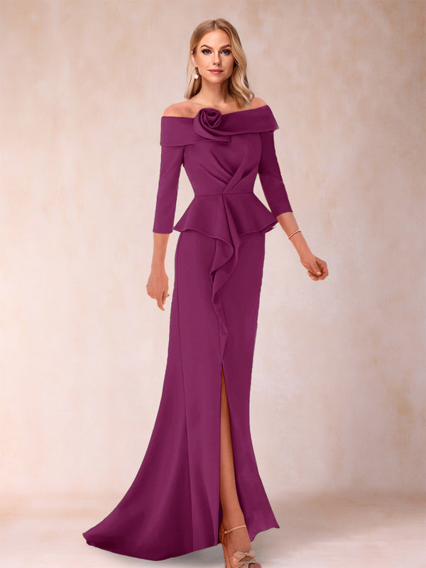 Sheath/Column Off-the-Shoulder Floor-Length Mother of the Bride Dresses With Ruffles &  Split Side