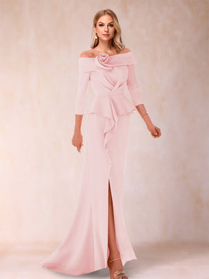 Sheath/Column Off-the-Shoulder Floor-Length Mother of the Bride Dresses With Ruffles &  Split Side