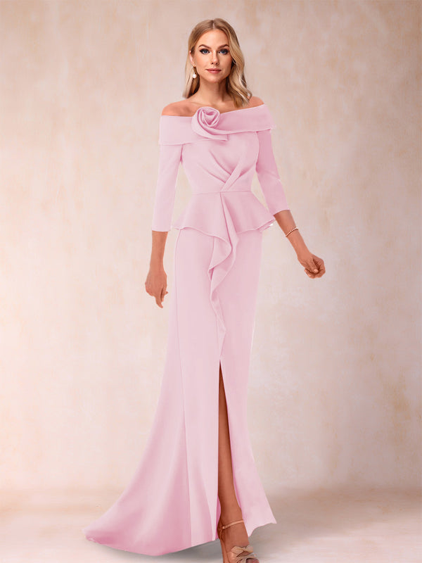Sheath/Column Off-the-Shoulder Floor-Length Mother of the Bride Dresses With Ruffles &  Split Side