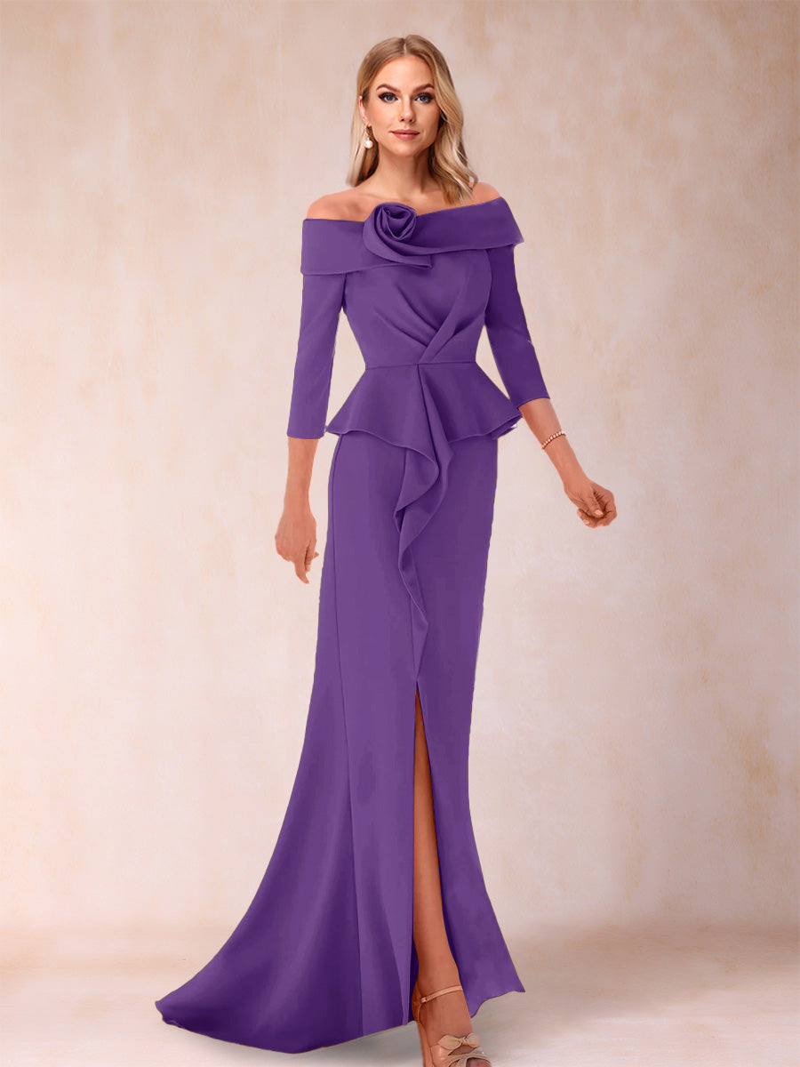 Sheath/Column Off-the-Shoulder Floor-Length Mother of the Bride Dresses With Ruffles &amp;  Split Side