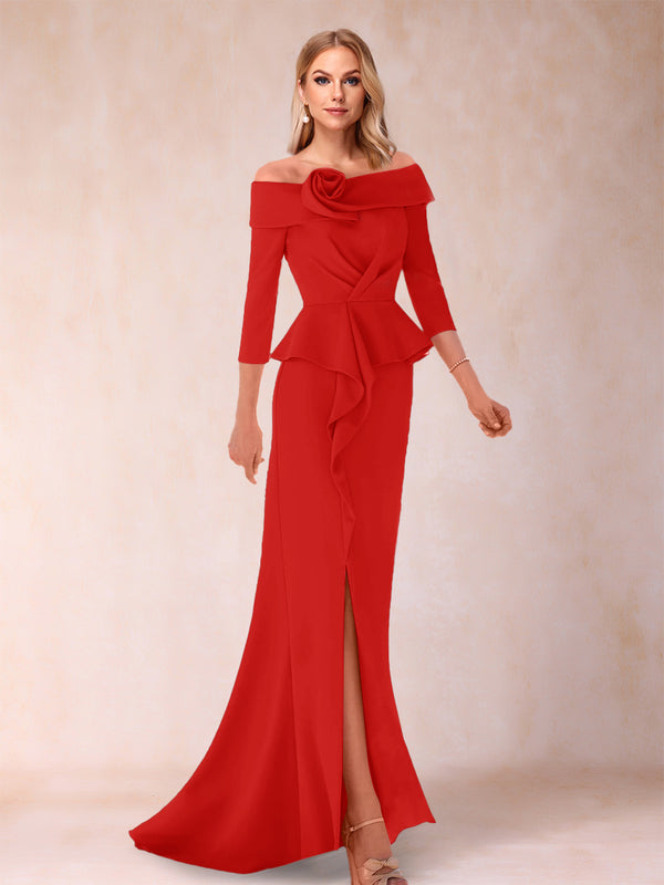 Sheath/Column Off-the-Shoulder Floor-Length Mother of the Bride Dresses With Ruffles &  Split Side