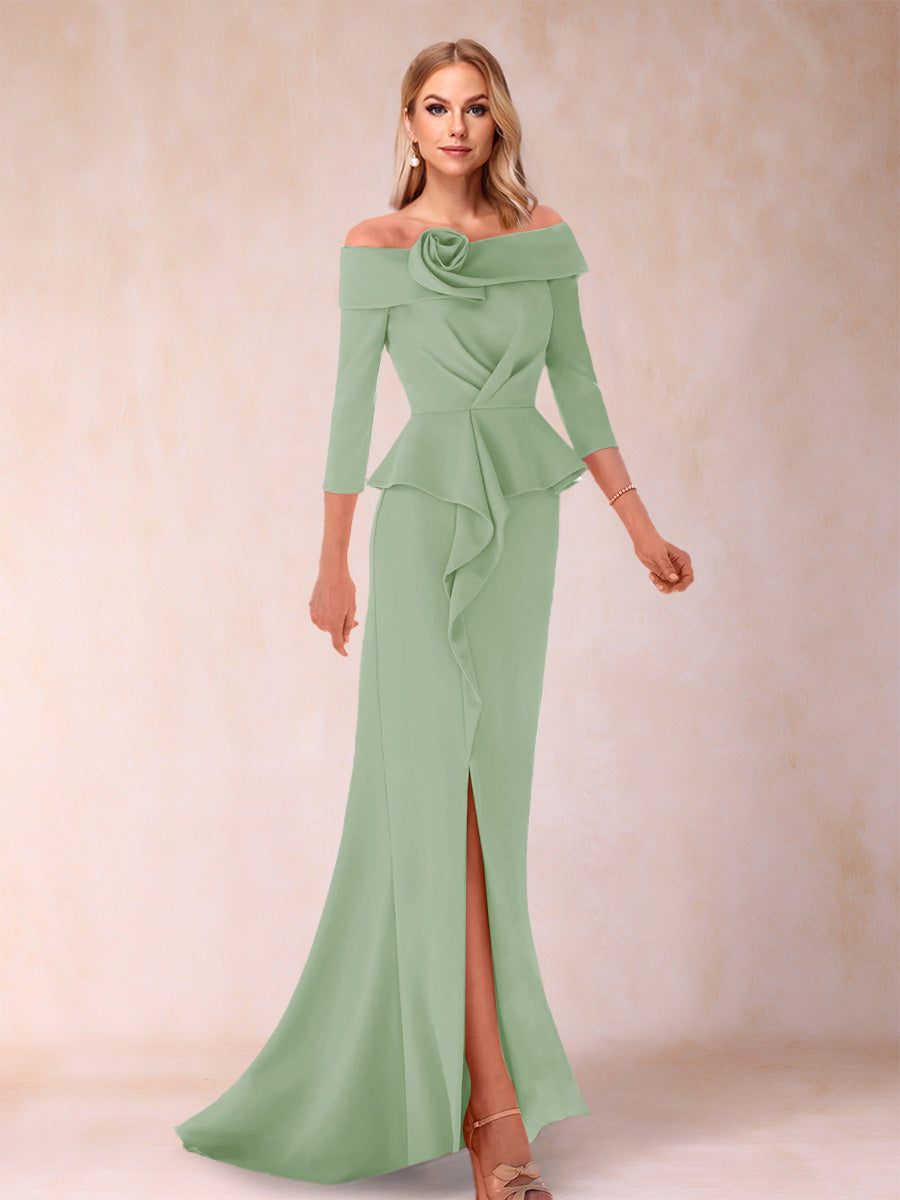 Sheath/Column Off-the-Shoulder Floor-Length Mother of the Bride Dresses With Ruffles &amp;  Split Side