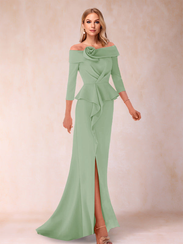 Sheath/Column Off-the-Shoulder Floor-Length Mother of the Bride Dresses With Ruffles &  Split Side