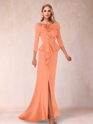 Sheath/Column Off-the-Shoulder Floor-Length Mother of the Bride Dresses With Ruffles &  Split Side