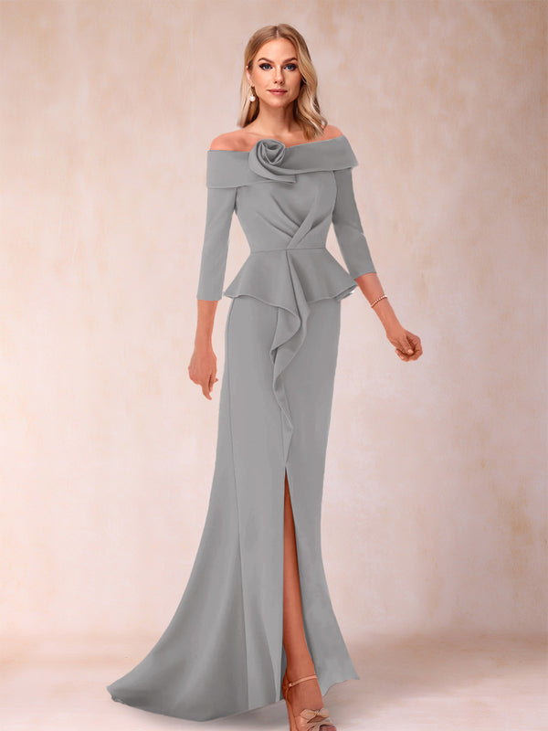 Sheath/Column Off-the-Shoulder Floor-Length Mother of the Bride Dresses With Ruffles &  Split Side