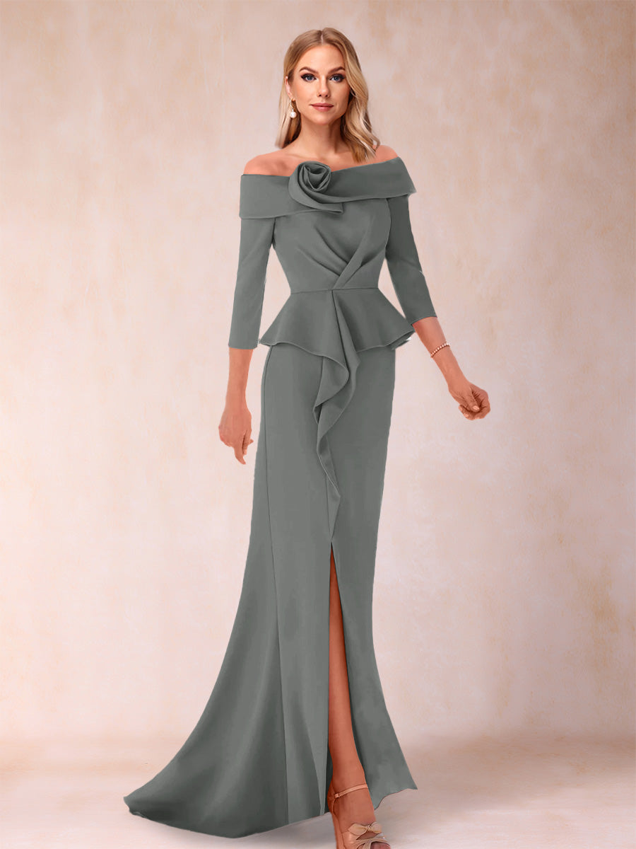 Sheath/Column Off-the-Shoulder Floor-Length Mother of the Bride Dresses With Ruffles &amp;  Split Side