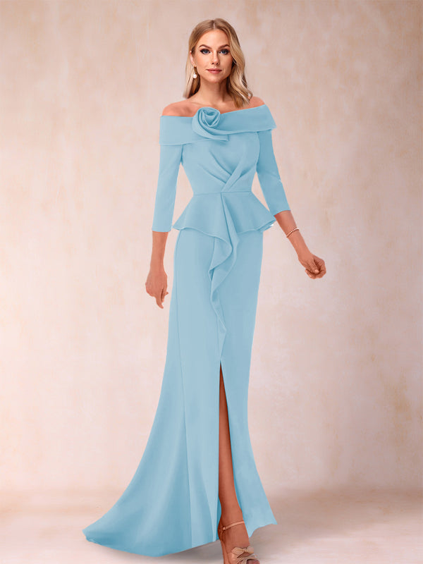 Sheath/Column Off-the-Shoulder Floor-Length Mother of the Bride Dresses With Ruffles &  Split Side